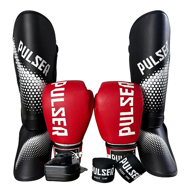 KIT LUVA 12OZ + CANELEIRA M/20MM + BANDAGEM + BUCAL - VERMELHO BRANCO MINIMAL - PULSER