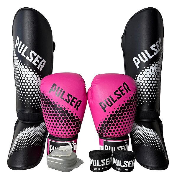 KIT LUVA 10OZ + CANELEIRA M/20MM + BANDAGEM + BUCAL - ROSA PRETO HEXA - PULSER