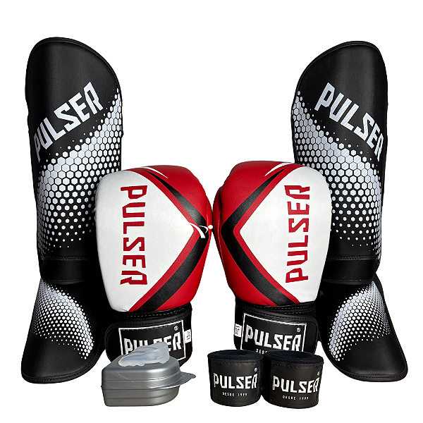 KIT LUVA 12OZ + CANELEIRA G/20MM + BANDAGEM + BUCAL - VERMELHO BRANCO FULL - PULSER