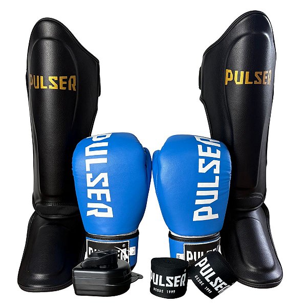 SUPER KIT LUVA 10OZ + CANELEIRA M/30MM + BANDAGEM + BUCAL - AZUL BRANCO MINIMAL - PULSER