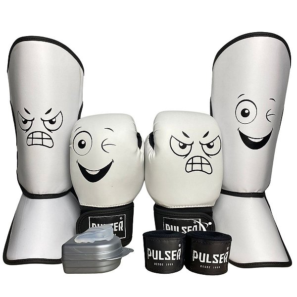 KIT LUVA 06OZ INFANTIL + CANELEIRA P/20MM + BANDAGEM + BUCAL - BRANCO DIVERTIDA - PULSER