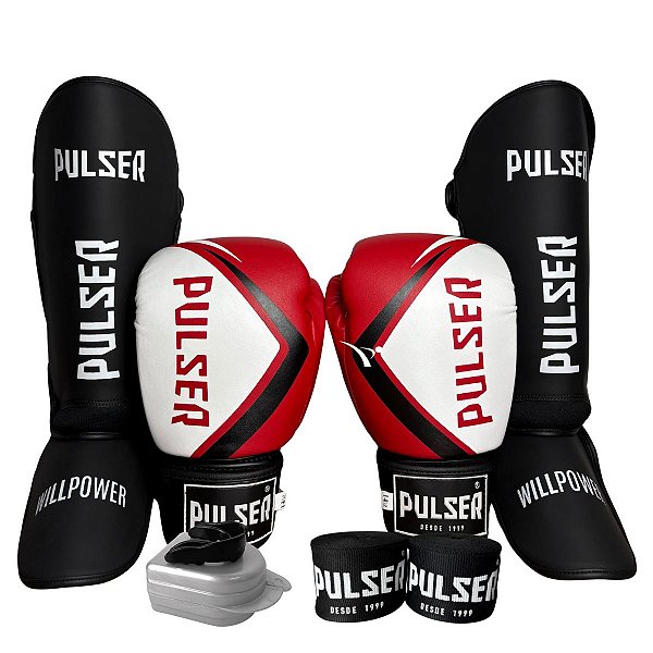 KIT LUVA 14OZ + CANELEIRA M/20MM + BANDAGEM + BUCAL - VERMELHO FULL - PULSER