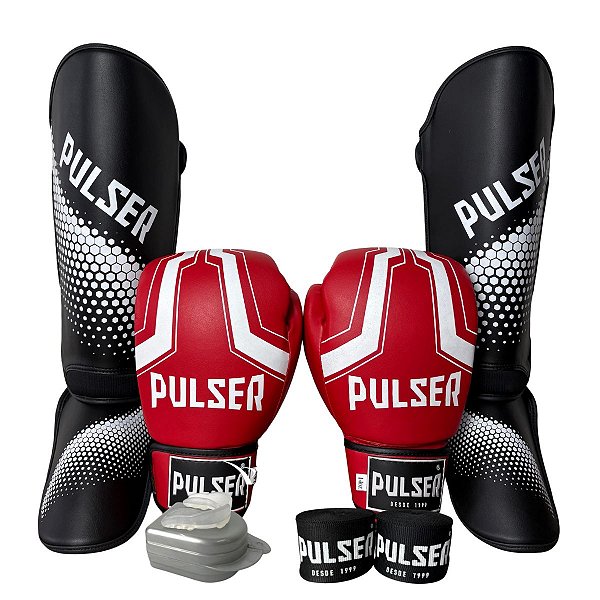 KIT LUVA 14OZ + CANELEIRA M/20MM + BANDAGEM + BUCAL - VERMELHO IRON - PULSER