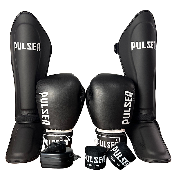SUPER KIT LUVA 16OZ + CANELEIRA G/30MM + BANDAGEM + BUCAL - PRETO BRANCO MINIMAL - PULSER