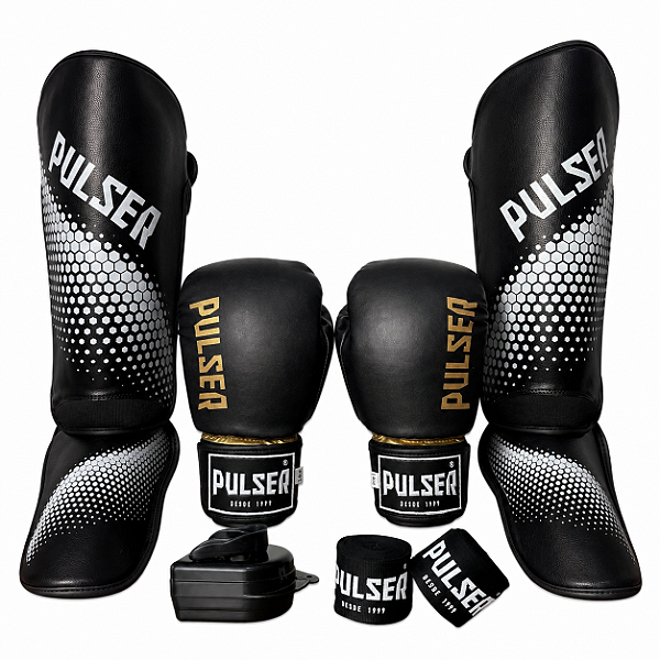 KIT LUVA 14OZ + CANELEIRA G/20MM + BANDAGEM + BUCAL - PRETO DOURADO MINIMAL - PULSER