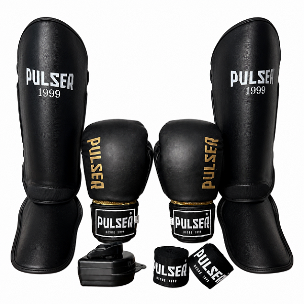 KIT LUVA 14OZ + CANELEIRA M/20MM + BANDAGEM + BUCAL - PRETO DOURADO MINIMAL - PULSER