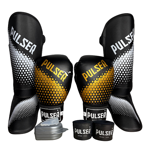 KIT LUVA 14OZ + CANELEIRA M/20MM + BANDAGEM + BUCAL - PRETO DOURADO HEXA - PULSER