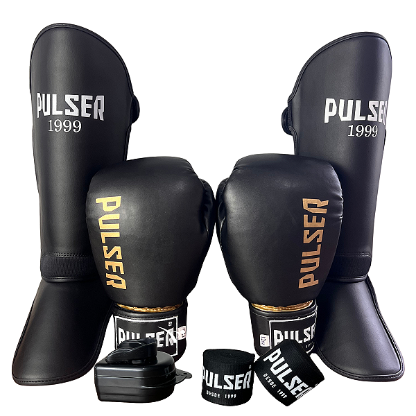 KIT LUVA 12OZ + CANELEIRA M/20MM + BANDAGEM + BUCAL - PRETO DOURADO MINIMAL- PULSER