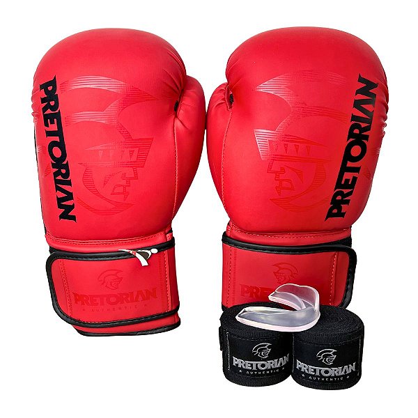 KIT LUVA 10OZ + BANDAGEM + BUCAL FIRST FX2 - VERMELHO COM PRETO - PRETORIAN