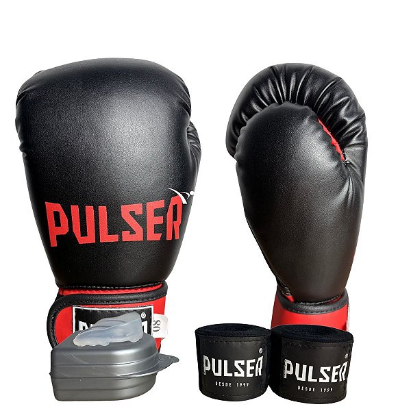 KIT LUVA 08OZ + BANDAGEM + BUCAL - PRETO - PULSER