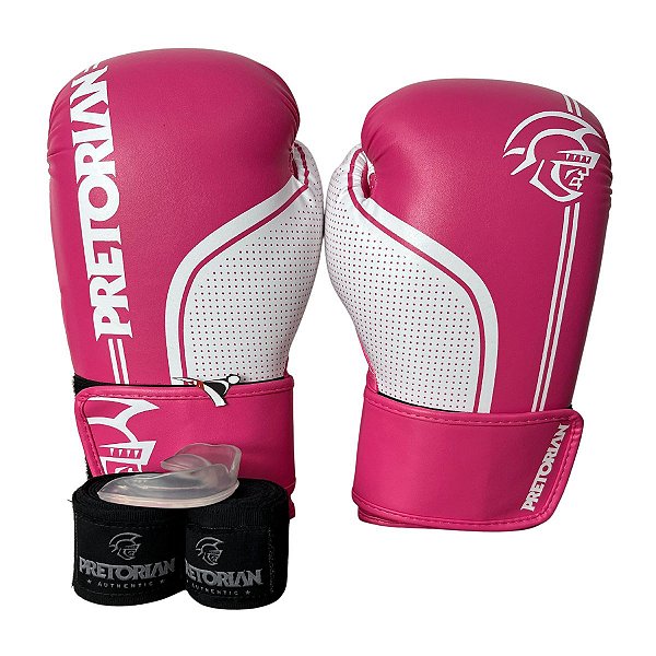 KIT LUVA 12OZ + BANDAGEM + BUCAL FIRST FX1 - ROSA COM BRANCO - PRETORIAN