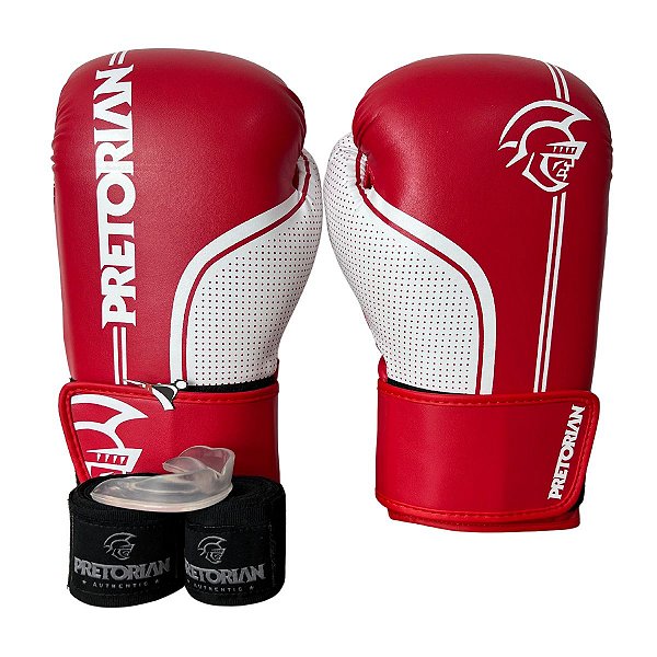 KIT LUVA 10OZ + BANDAGEM + BUCAL FIRST FX1 - VERMELHO COM BRANCO - PRETORIAN