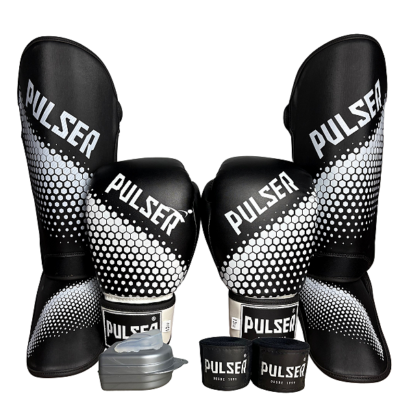 KIT LUVA 12OZ + CANELEIRA G/20MM + BANDAGEM + BUCAL - BRANCO PRETO HEXA - PULSER
