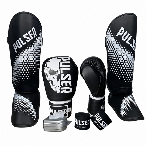 KIT LUVA 12OZ + CANELEIRA G/20MM + BANDAGEM + BUCAL - PRETO BRANCO CAVEIRA - PULSER