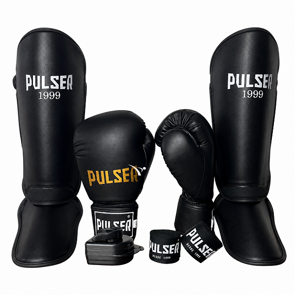KIT LUVA 16OZ + CANELEIRA G/20MM + BANDAGEM + BUCAL - PRETO DOURADO MINIMAL - PULSER
