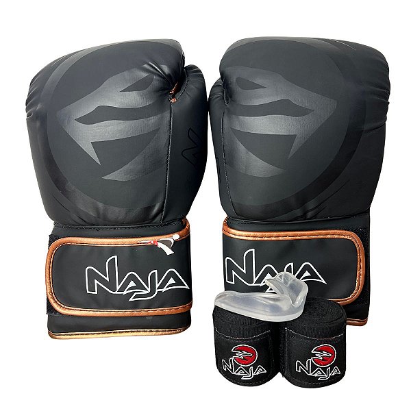 KIT LUVA 16OZ + BANDAGEM + BUCAL BLACK LINE - PRETO COM BRONZE - NAJA