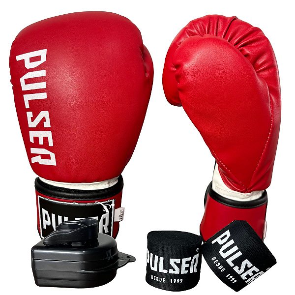 KIT LUVA 14OZ + BANDAGEM + BUCAL - VERMELHO MINIMAL - PULSER
