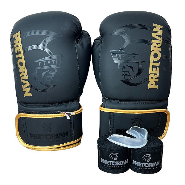 KIT LUVA 10OZ + BANDAGEM + BUCAL FIRST FX2 - PRETO COM DOURADO - PRETORIAN