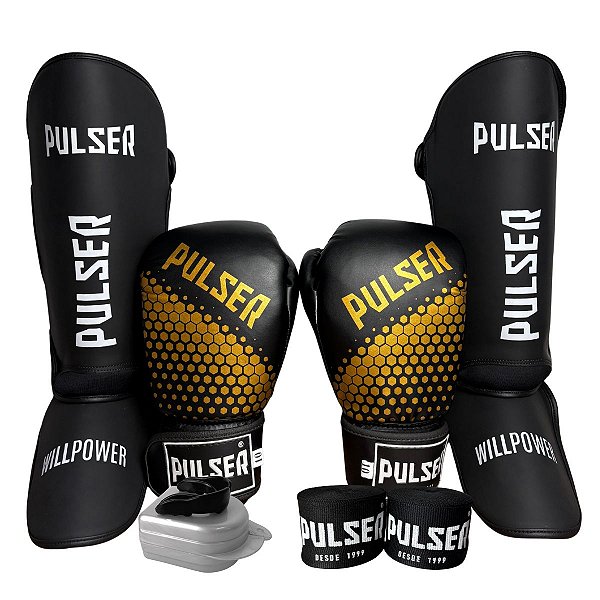 KIT LUVA 10OZ + CANELEIRA G/20MM + BANDAGEM + BUCAL - PRETO DOURADO HEXA - PULSER