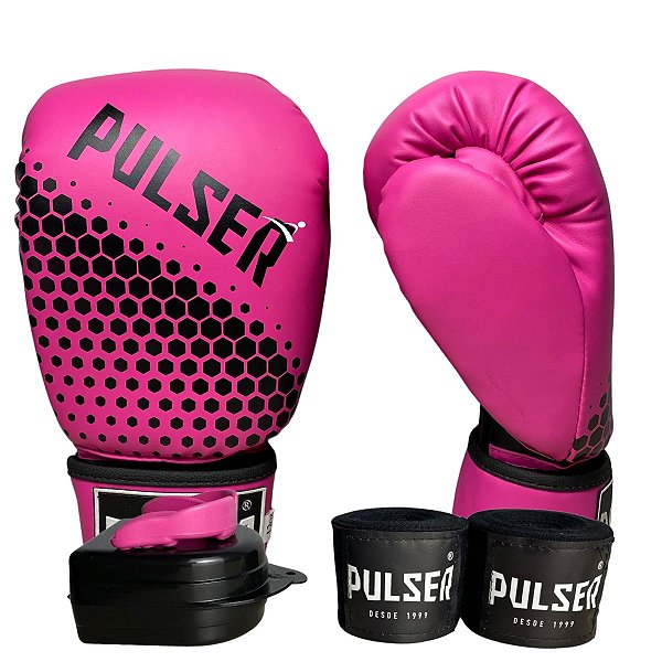KIT LUVA 10OZ + BANDAGEM + BUCAL - ROSA PRETO HEXA - PULSER