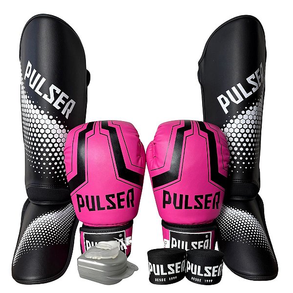 KIT LUVA 10OZ + CANELEIRA M/20MM + BANDAGEM + BUCAL - ROSA PRETO IRON - PULSER