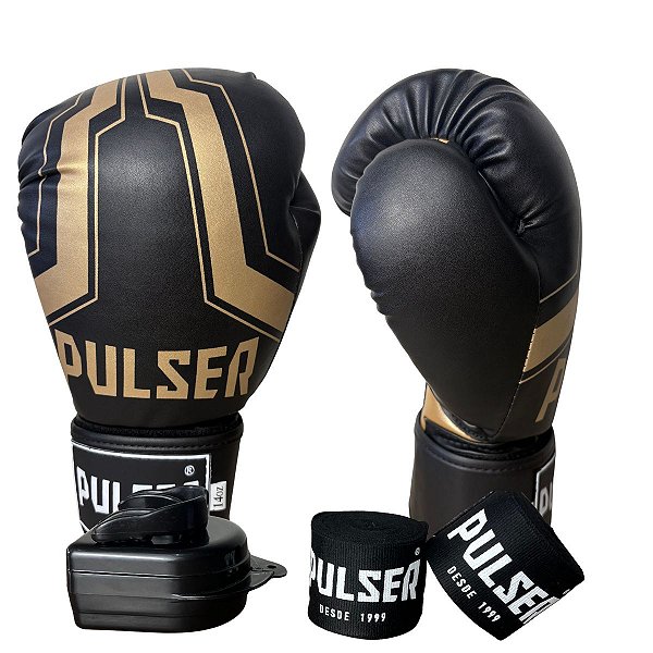 KIT LUVA 12OZ + BANDAGEM + BUCAL - PRETO DOURADO IRON - PULSER
