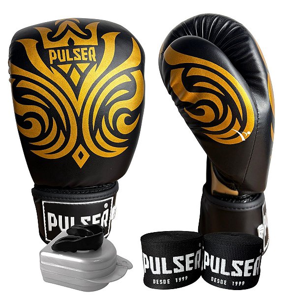 KIT LUVA 12OZ + BANDAGEM + BUCAL - PRETO DOURADO GOLD - PULSER