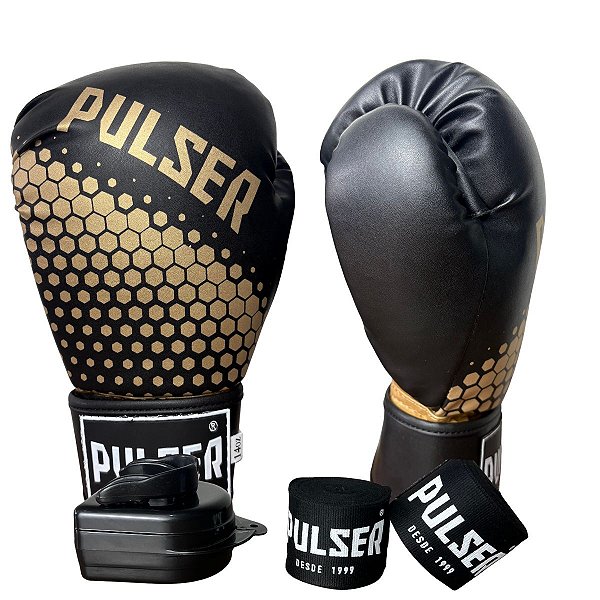 KIT LUVA 12OZ + BANDAGEM + BUCAL - PRETO DOURADO HEXA - PULSER