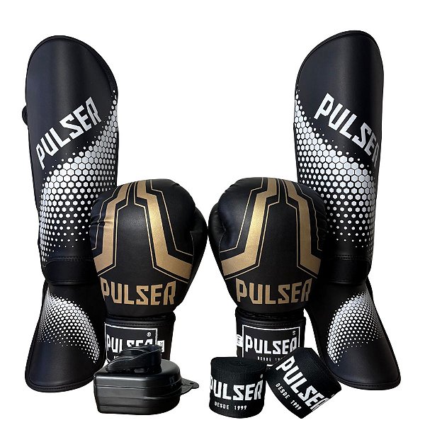 KIT LUVA 14OZ + CANELEIRA G/20MM + BANDAGEM + BUCAL - PRETO DOURADO IRON - PULSER