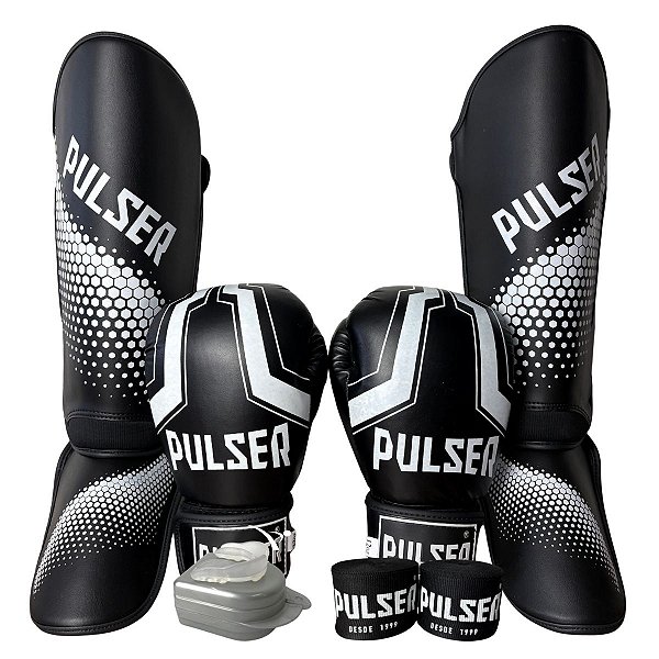 KIT LUVA 10OZ + CANELEIRA G/20MM + BANDAGEM + BUCAL - PRETO BRANCO IRON - PULSER