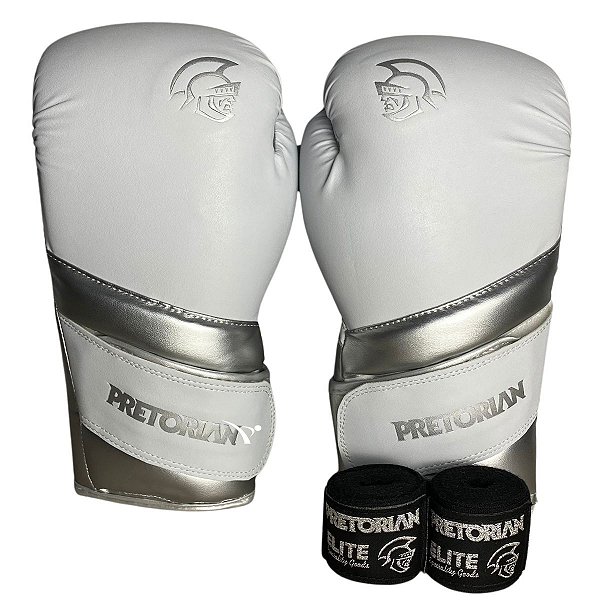 KIT LUVA 10OZ + BANDAGEM ELITE - BRANCO COM PRATA  - PRETORIAN