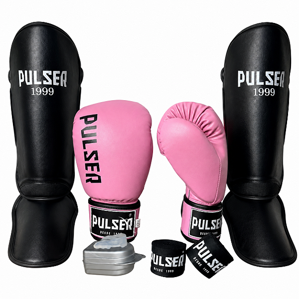 KIT LUVA 12OZ + CANELEIRA M/20MM + BANDAGEM + BUCAL - ROSA MINIMAL - PULSER