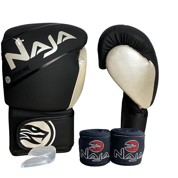 KIT LUVA 10OZ + BANDAGEM + BUCAL EXTREME - PRETO / BRANCO - NAJA