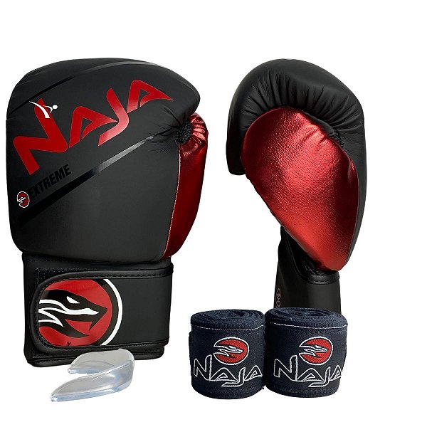 KIT LUVA 14OZ + BANDAGEM + BUCAL EXTREME - PRETO / VERMELHO - NAJA