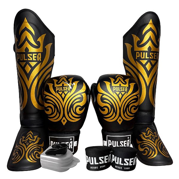 SUPER KIT LUVA 12OZ + CANELEIRA G/30MM + BANDAGEM + BUCAL - PRETO COM DOURADO GOLD - PULSER