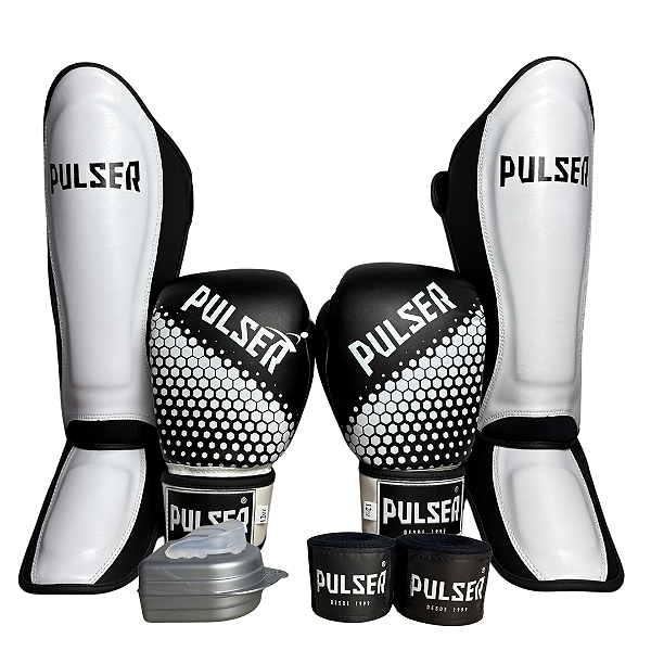 SUPER KIT LUVA 12OZ + CANELEIRA G/30MM + BANDAGEM + BUCAL - BRANCO PRETO HEXA - PULSER