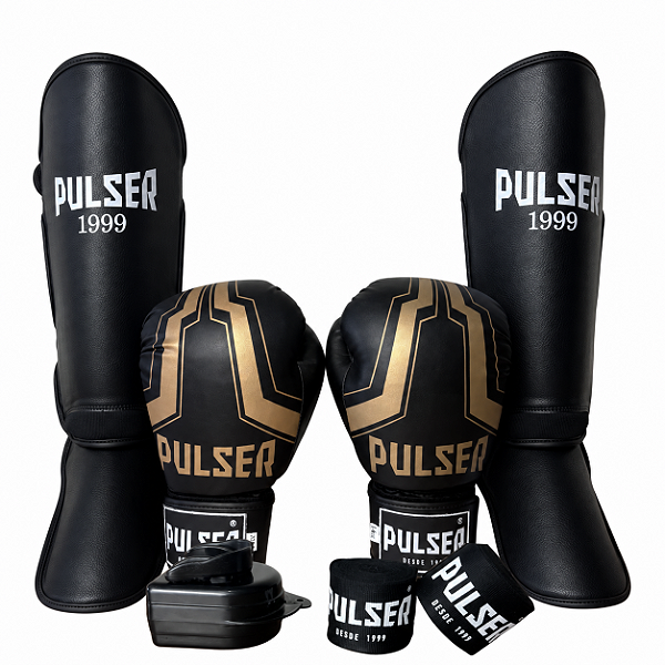 KIT LUVA 12OZ + CANELEIRA G/20MM + BANDAGEM + BUCAL - PRETO DOURADO IRON - PULSER