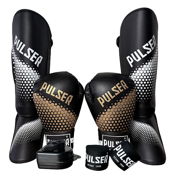 KIT LUVA 12OZ + CANELEIRA G/20MM + BANDAGEM + BUCAL - PRETO DOURADO HEXA - PULSER