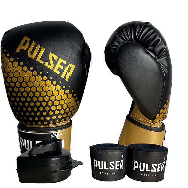 KIT LUVA 10OZ + BANDAGEM + BUCAL - PRETO DOURADO HEXA - PULSER