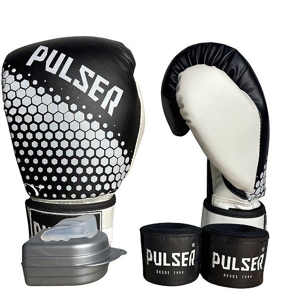 KIT LUVA 12OZ + BANDAGEM + BUCAL - PRETO BRANCO HEXA - PULSER