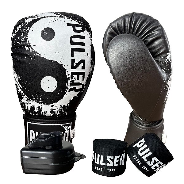 KIT LUVA 12OZ + BANDAGEM + BUCAL - PRETO BRANCO YNG YANG - PULSER