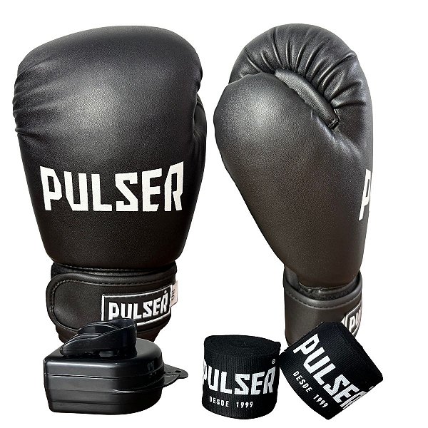 KIT LUVA 08OZ + BANDAGEM + BUCAL - PRETO COM BRANCO - PULSER