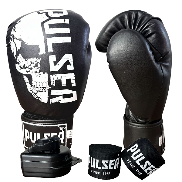 KIT LUVA 14OZ + BANDAGEM + BUCAL - PRETO BRANCO CAVEIRA - PULSER