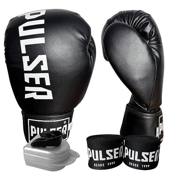 KIT LUVA 16OZ + BANDAGEM + BUCAL - PRETO BRANCO MINIMAL - PULSER