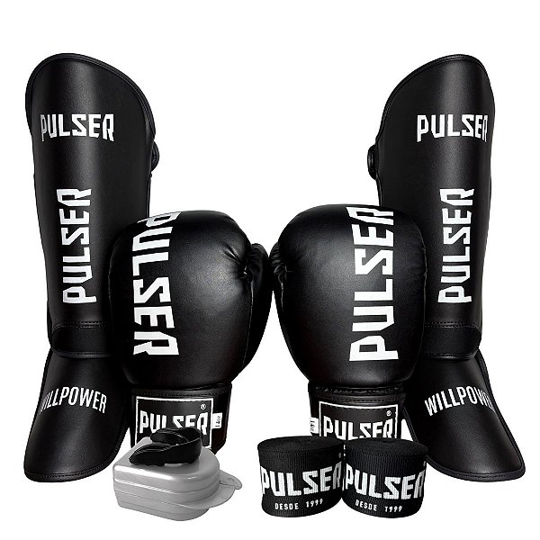 KIT LUVA 14OZ + CANELEIRA G/20MM + BANDAGEM + BUCAL - PRETO BRANCO MINIMAL - PULSER