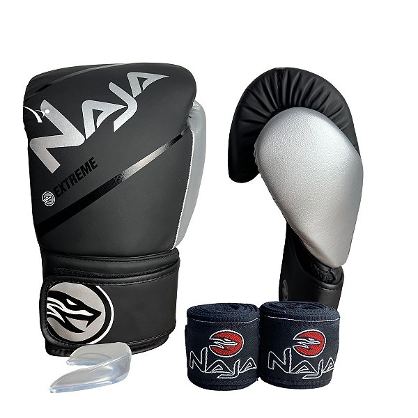 KIT LUVA 10OZ + BANDAGEM + BUCAL EXTREME - PRETO / PRATA - NAJA