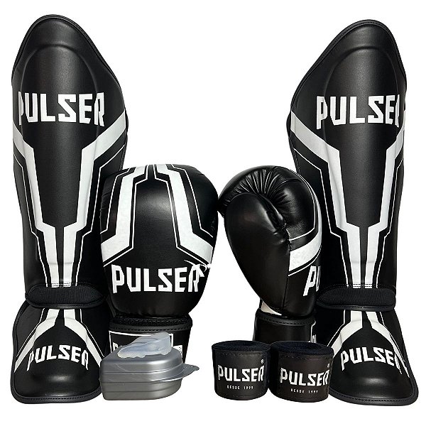 SUPER KIT LUVA 12OZ + CANELEIRA M/30MM + BANDAGEM + BUCAL - BRANCO PRETO IRON - PULSER
