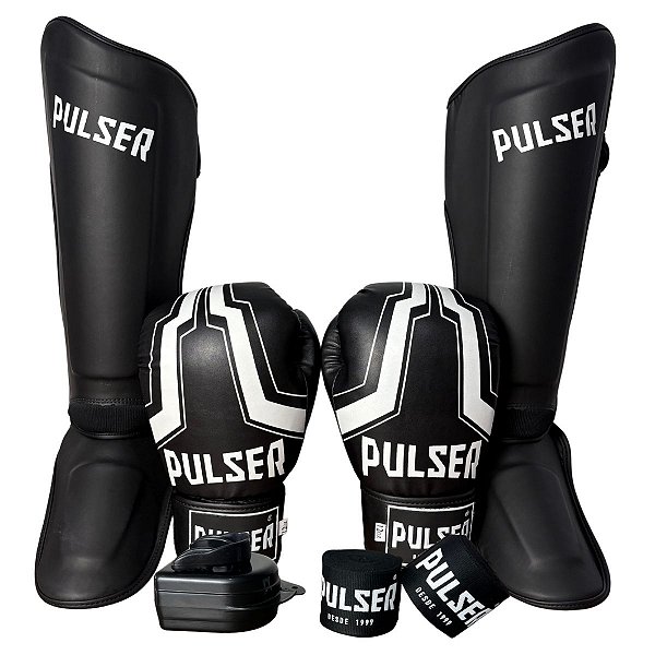 SUPER KIT LUVA 12OZ + CANELEIRA M/30MM + BANDAGEM + BUCAL - BRANCO PRETO IRON - PULSER