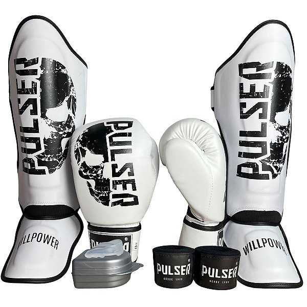 SUPER KIT LUVA 12OZ + CANELEIRA G/30MM + BANDAGEM + BUCAL - BRANCO CAVEIRA - PULSER