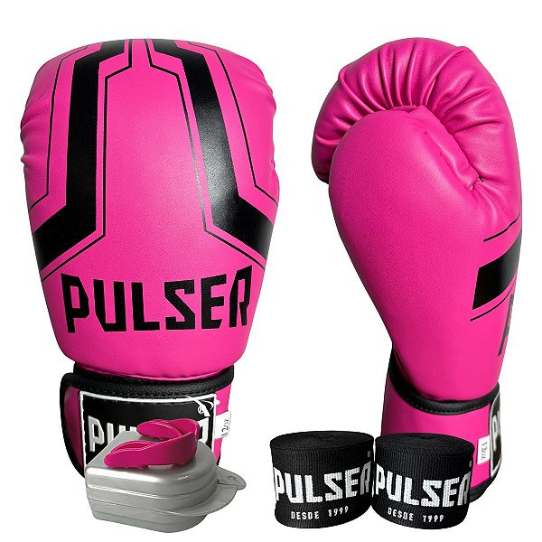 KIT LUVA 10OZ + BANDAGEM + BUCAL - ROSA PRETO IRON - PULSER